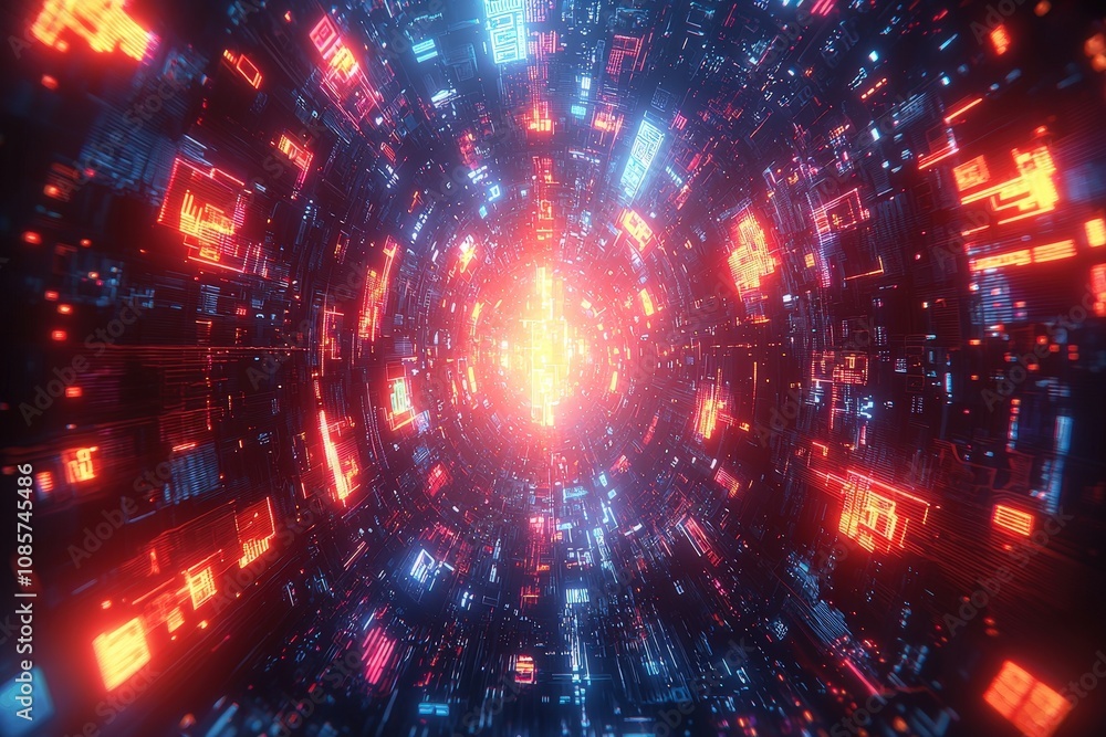 Obraz premium Futuristic digital technology background with glowing neon lights and data particles