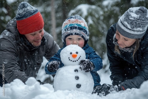 Family enjoys a winter day building a snowman with their young child in a snowy forest setting