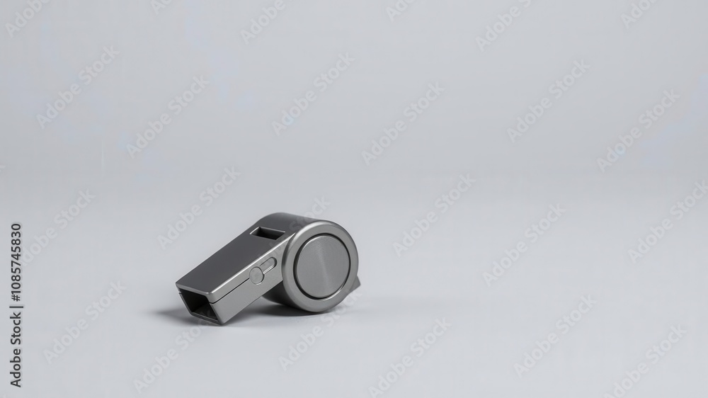 Whistle standing upright on a grey background, sound, emergency, referee Whistle standing upright on a grey background, sound, emergency, referee
