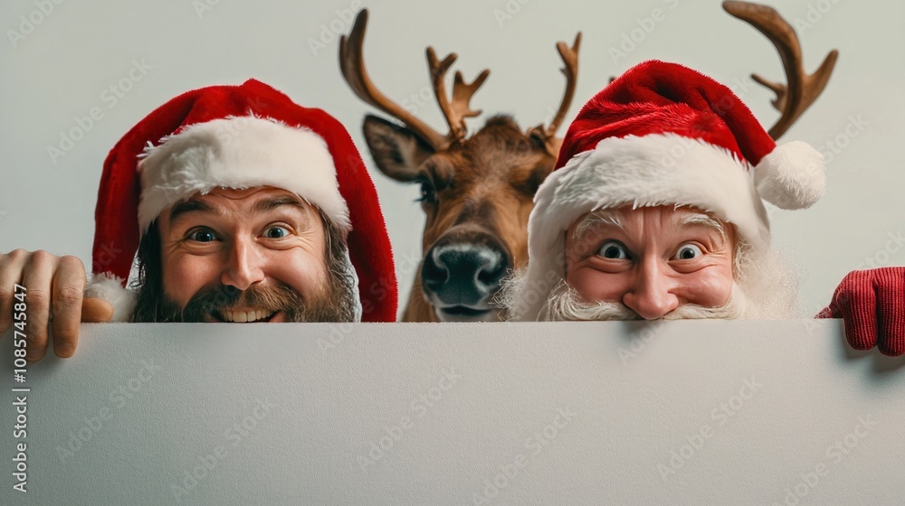 Santa Claus and reindeer duo peeking with curious expressions over a blank sign on a clean white background. Santa Claus and reindeer duo peeking with curious expressions over a blank sign on a clean white background.