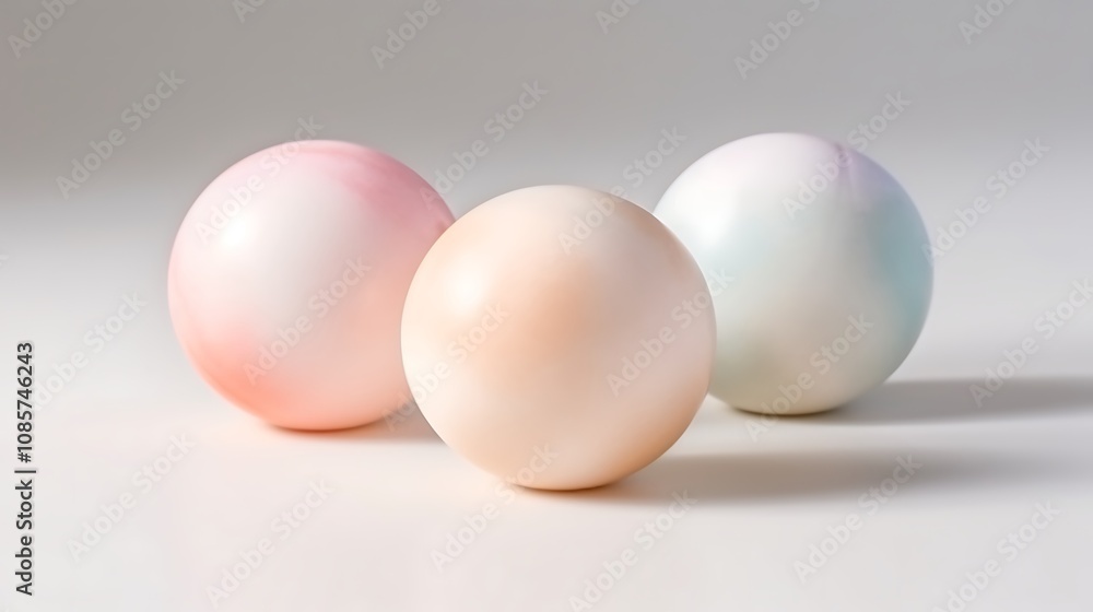Three Pastel Colored Spheres Resting On White Surface Three Pastel Colored Spheres Resting On White Surface
