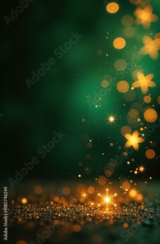 Black and green background with golden glow flashes and golden snowflakes