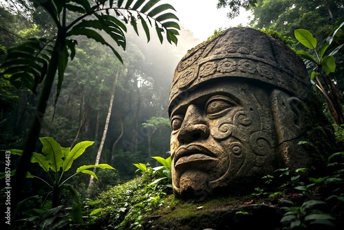 Majestic Olmec Colossal Heads Amidst Lush Jungle Landscape, Celebrating Ancient Mexican Culture and History with Dramatic Lighting and Textured Stone Details photo