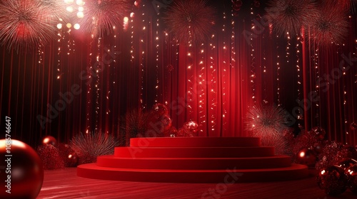 Red podium with fireworks, stage lights, festive setting