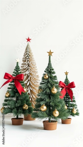 Four decorated Christmas trees isolated on white background