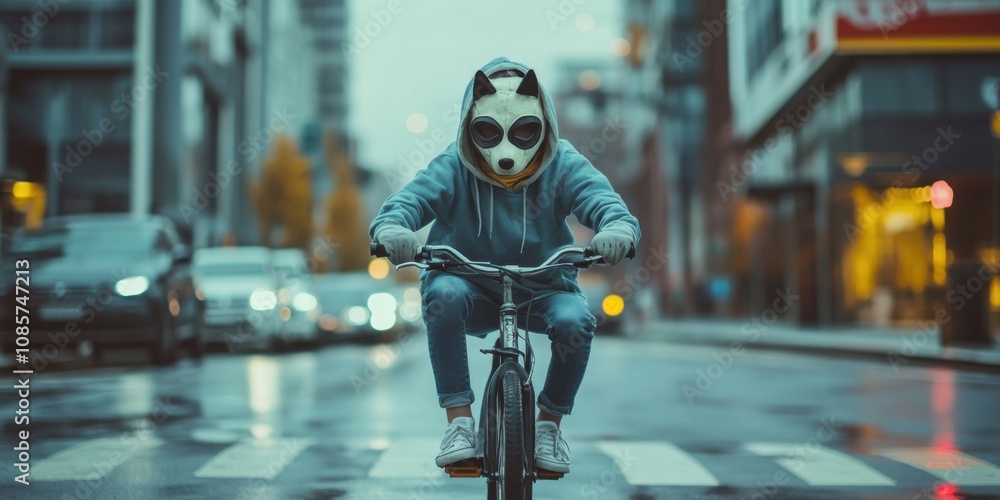 Dog-masked teen in a playful pose on an urban bike lane, quirky and light-hearted,