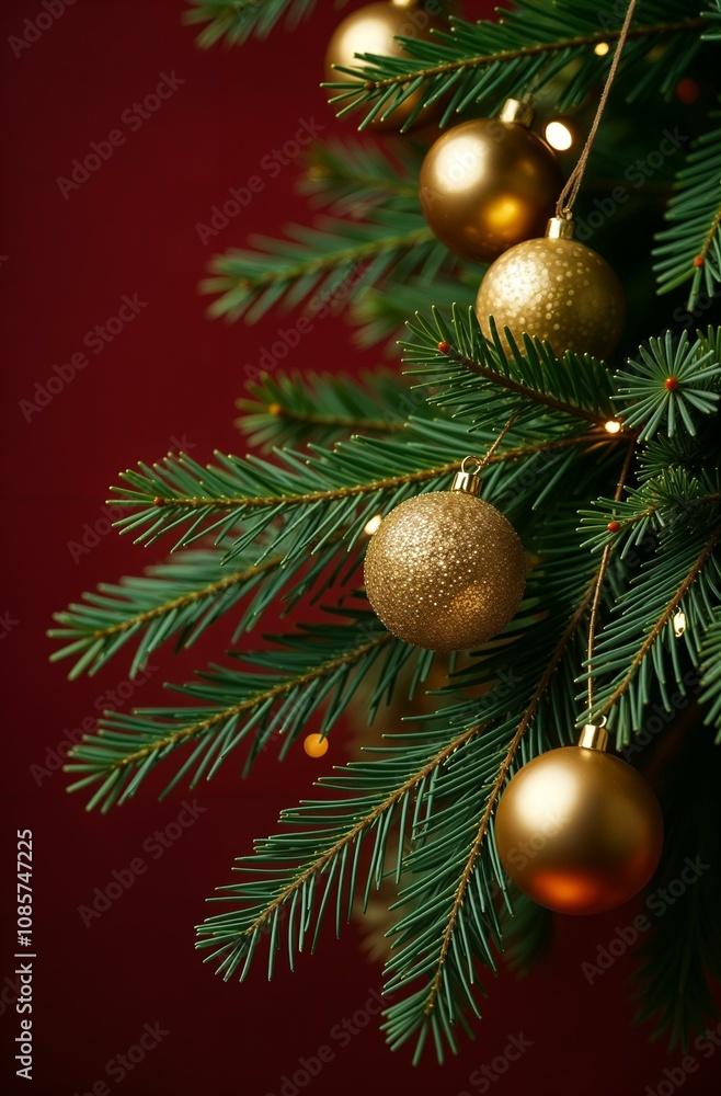 Fototapeta premium branches of green spruce with golden balls