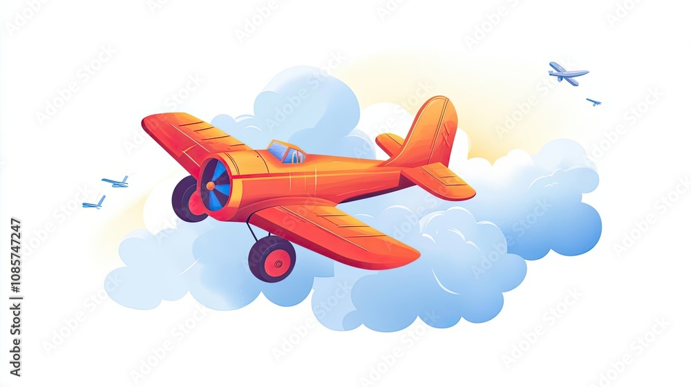 Red Airplane Flying Through Blue Clouds Red Airplane Flying Through Blue Clouds