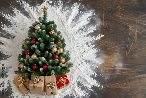 Wallpaper Mural A nice photo of a Christmas tree set against the flour-covered background, resembling snow with a wooden background. Torontodigital.ca