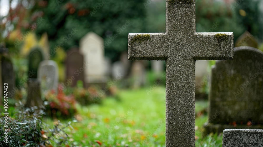 Stone cross at the center of a historic graveyard, with moss-covered gravestones and trees. Stone cross at the center of a historic graveyard, with moss-covered gravestones and trees.