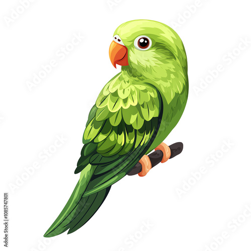 A vibrant green parrot perched on a branch, showcasing its colorful feathers and playful personality.,Transparent background