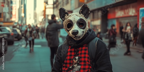 Dog-masked teenager mimicking canine behavior on a city street, playful and quirky, photo