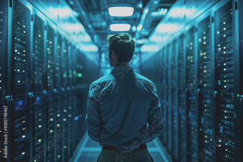 System engineer standing in server room in data center He looked at the network.