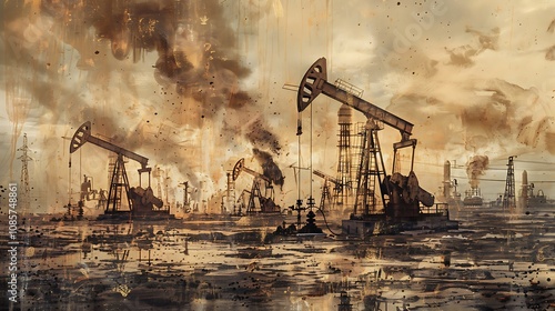 A painting of an oil field with derricks, smoke, and steam, evoking industrial energy. photo