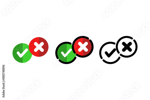 Green tick check mark and red cross mark icon. Approved and rejected. Decision, result, choice concepts. Flat vector design isolated illustration.