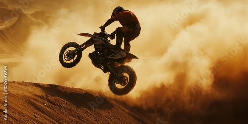 Dynamic side angle of quadrobics stunts on uneven terrain, dust and energy, photo