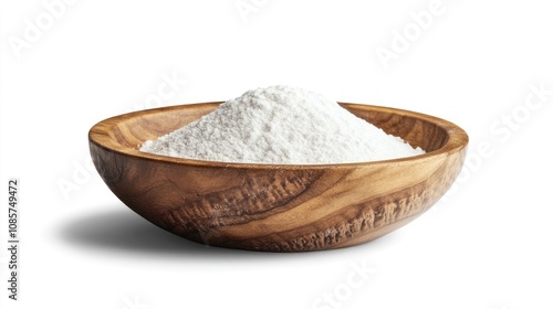 Wooden bowl filled with fine white flour, isolated on a white background, with a rustic, natural presentation.