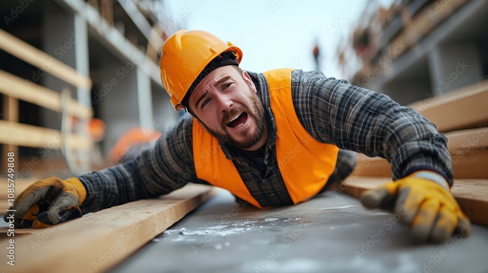 Construction worker slip accident on site urban environment safety awareness industrial setting Construction worker slip accident on site urban environment safety awareness industrial setting