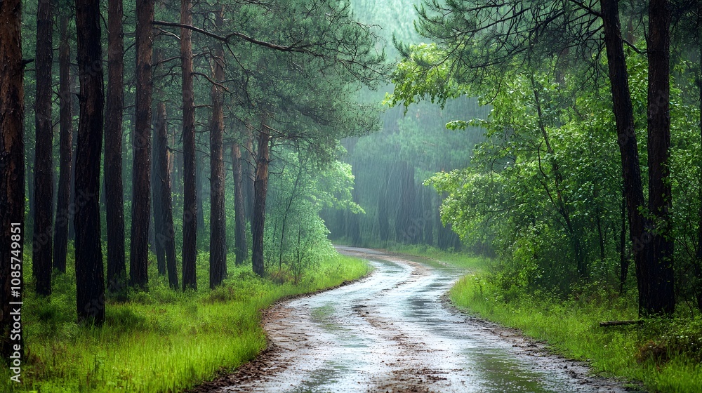 Naklejka premium Quiet road after rain in pine forest, fresh and rejuvenating