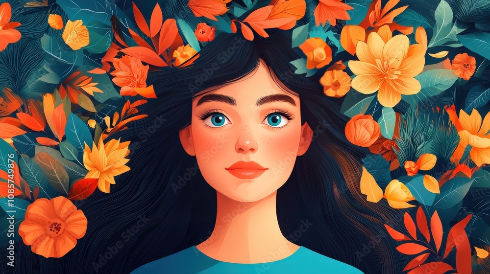 Digital art creation vibrant portrait of a woman among floral elements online illustration colorful creative concept Digital art creation vibrant portrait of a woman among floral elements online illustration colorful creative concept