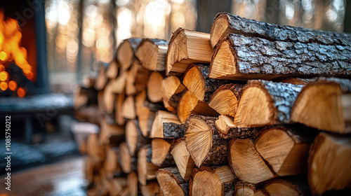 A stack of neatly arranged firewood logs in front of a cozy fireplace, ready for a warm and inviting winter evening.