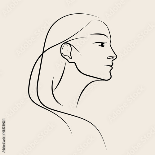 Beautiful woman with elegant makeup and long wavy hairstyle. Fashion, beauty hair salon line art illustration. Young lady profile portrait. Cute face logo.