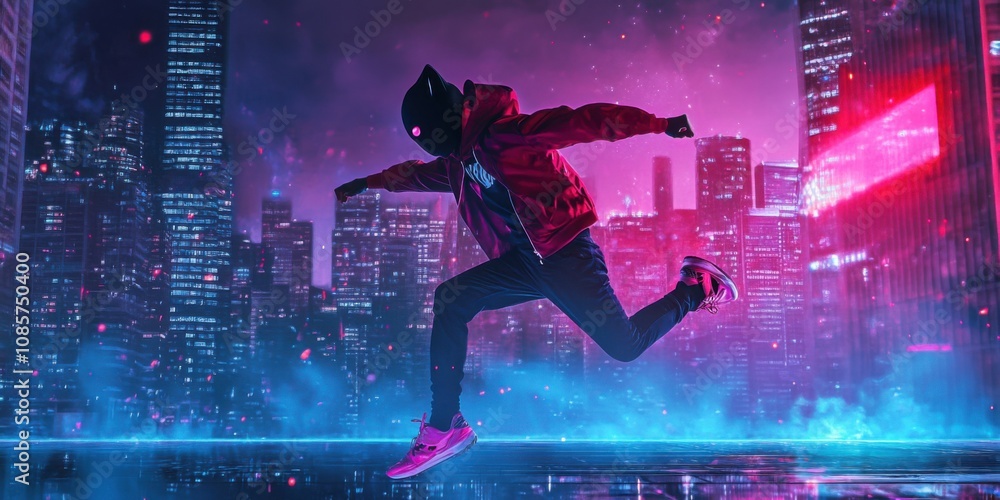 Obraz premium Fox-masked teen performing a dynamic leap in front of a glowing city skyline, urban athleticism,
