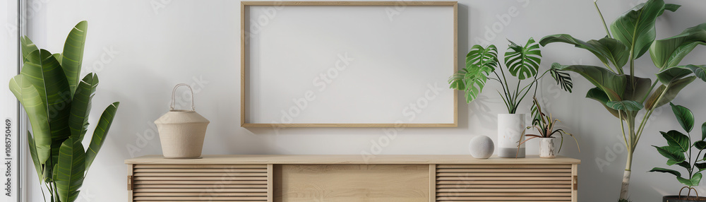 Blank Poster Frame Mockup in White Walled Living Room: Wooden Sideboard with Green Plant Blank Poster Frame Mockup in White Walled Living Room: Wooden Sideboard with Green Plant