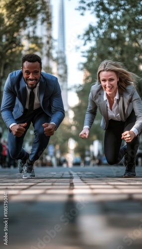 Businessman and businesswoman at race start line symbolizing gender inequality in business photo