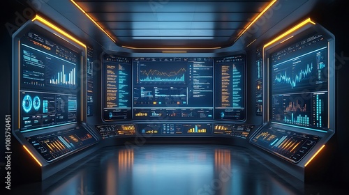 Business technology room transparent screens showing realtime visual data insights glowing bar graphs predictive trend lines for strategic planning