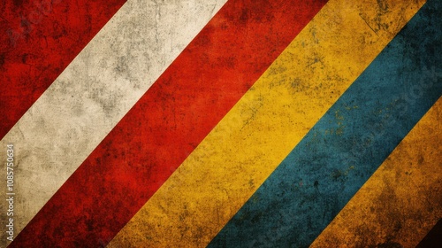 Grunge Textured Background with Red, Yellow, White, and Blue Stripes Representing Colorful Artistic Expression in Creative Design Concepts