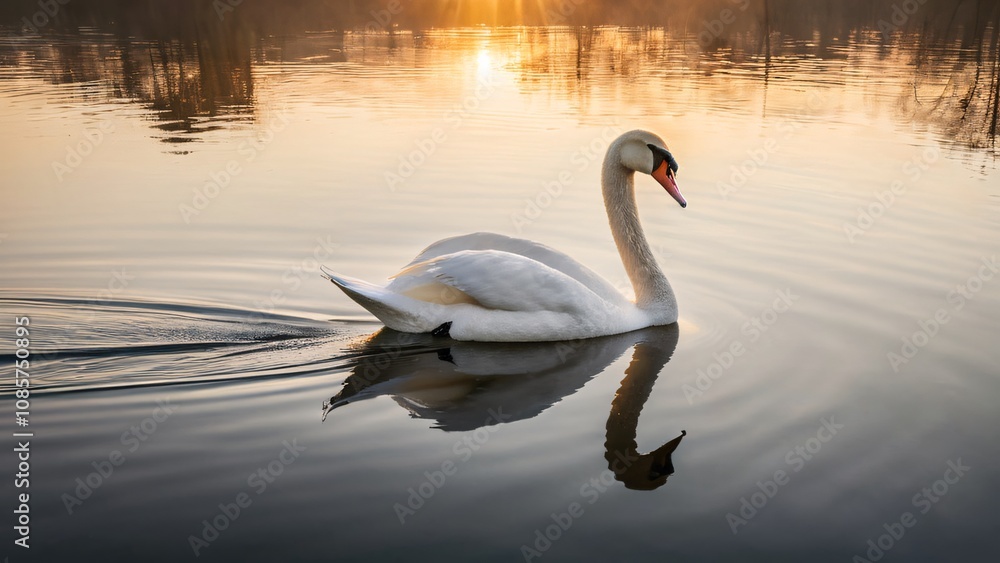 Fototapeta premium Graceful Swan Gliding on Calm Lake at Dawn