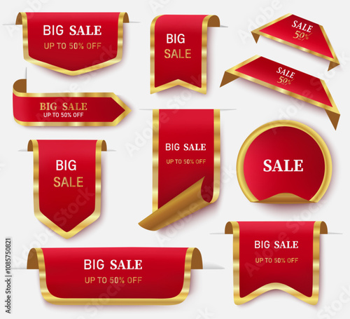 Vector tags of sales, discounts. Red price stickers. Badges for product promotion. Stock image