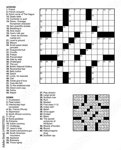 Crossword puzzle game with 13 x 13 squares with clues and solution.