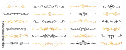 Calligraphy dividers. Decorative text borders and flourish swirls, elegant romantic curves for wedding invitation card and greeting message. Vector set
