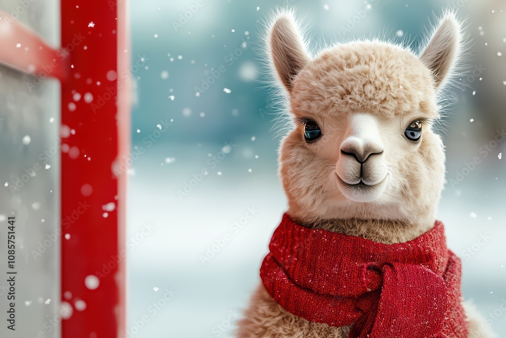 A charming llama wearing a red scarf amidst falling snowflakes. A charming llama wearing a red scarf amidst falling snowflakes.