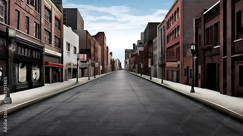 Empty City Street Lined With Old Brick Buildings Empty City Street Lined With Old Brick Buildings
