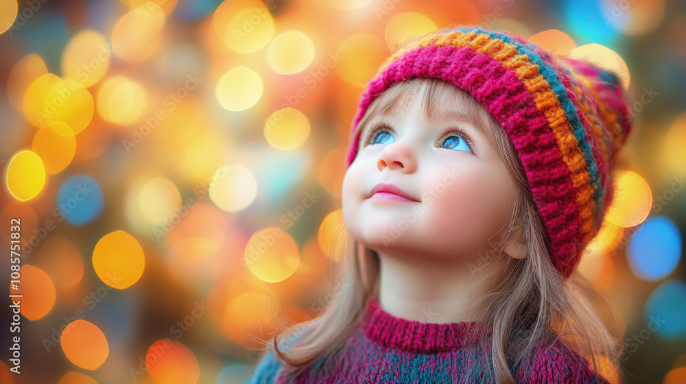 A young girl gazes upward with wonder, wearing a colorful knit hat and sweater. Vibrant holiday lights form a dreamy bokeh background, evoking warmth and festive Christmas cheer. A young girl gazes upward with wonder, wearing a colorful knit hat and sweater. Vibrant holiday lights form a dreamy bokeh background, evoking warmth and festive Christmas cheer.