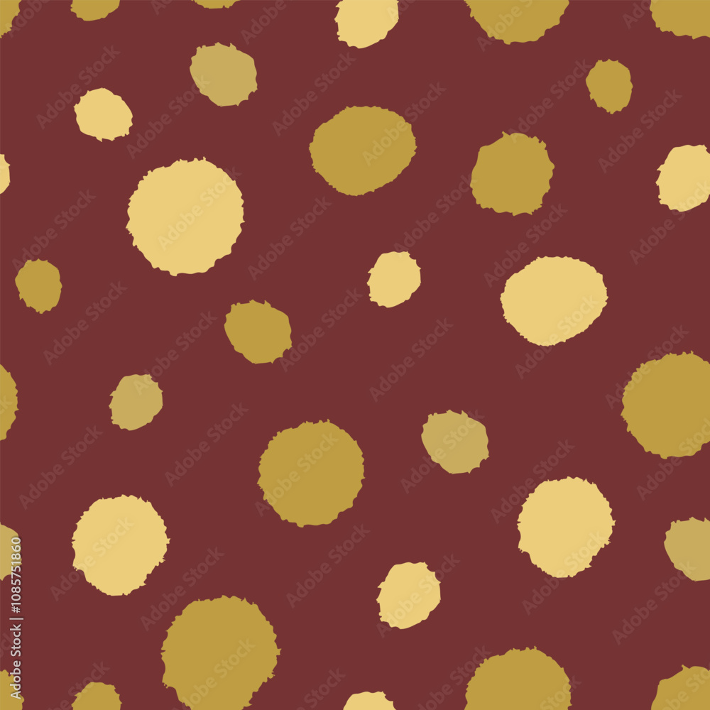 Gold dots seamless pattern. Hand drawn blobs on dark red background. Abstract backdrop. Gold dots seamless pattern. Hand drawn blobs on dark red background. Abstract backdrop.