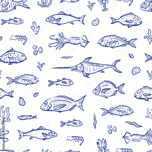 Sea food seamless pattern. Lobster, crab, shrimp and squid hand drawn illustration. Blue and white design for branding, restaurant and menu.