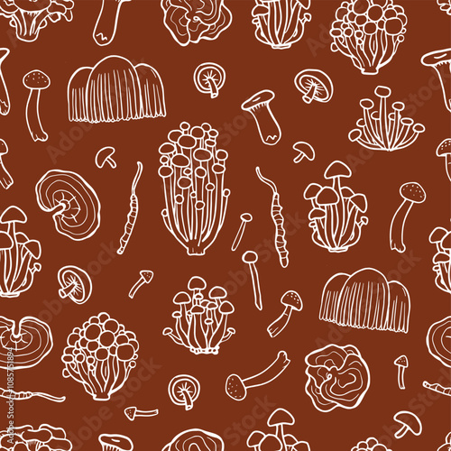 Medicinal mushrooms. Fungus seamless pattern on brown background. Hand drawn Illustration of Shimeji, erinji, shitaki, cordyceps, turkey tail and lions mane.