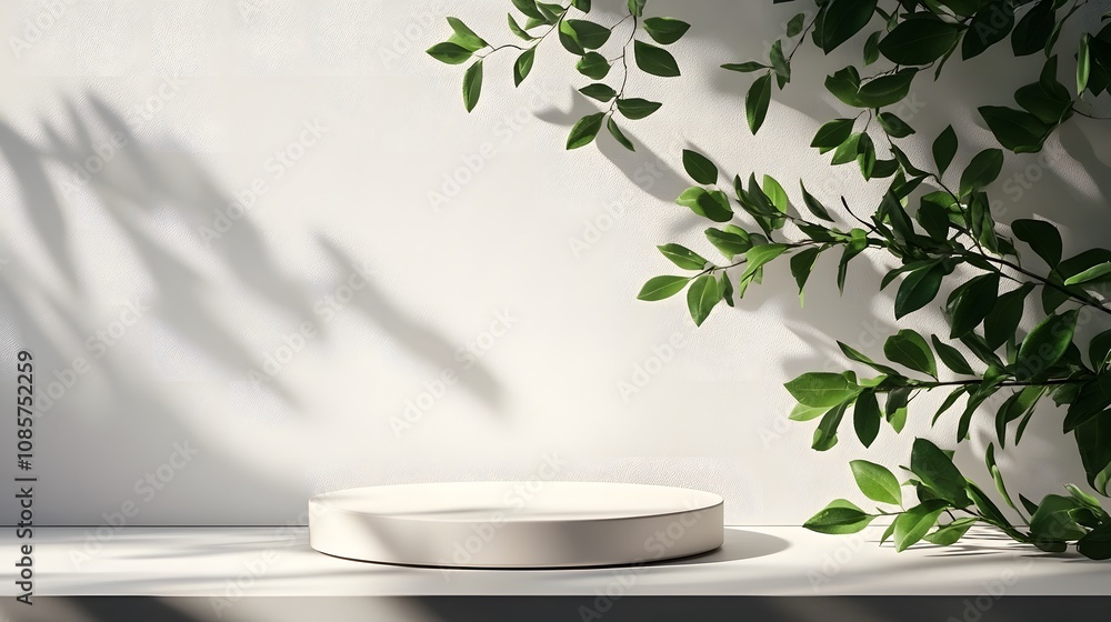 Minimalist display with circular pedestal and green leaves backdrop Minimalist display with circular pedestal and green leaves backdrop