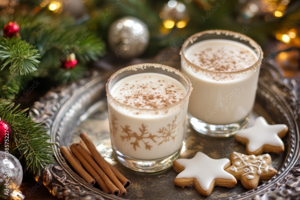 Traditional Christmas drink eggnog in glasses with cinnamon and Cookies. Delicious Holiday Drinks. Christmas milk cocktail with spices. Place for text. Egg Nog in festive mugs. Cozy winter beverage Traditional Christmas drink eggnog in glasses with cinnamon and Cookies. Delicious Holiday Drinks. Christmas milk cocktail with spices. Place for text. Egg Nog in festive mugs. Cozy winter beverage