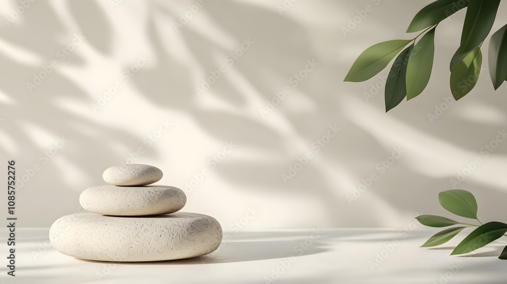 Tranquil stone stack with leaves casting shadows in a calm space Tranquil stone stack with leaves casting shadows in a calm space