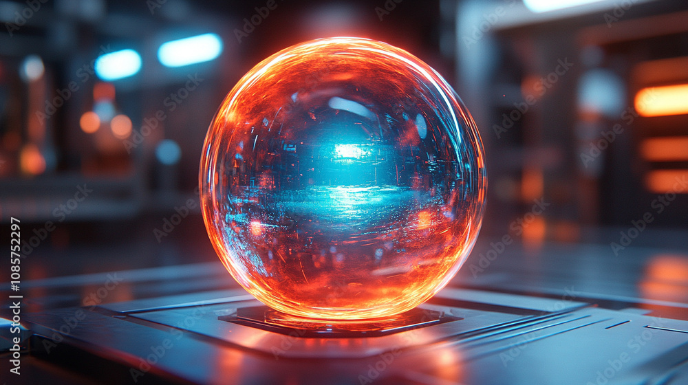 glowing glass globe with swirling patterns resembling quantum behavior, set against a blurred laboratory background, symbolizing science, innovation, and the mysteries of quantum mechanics glowing glass globe with swirling patterns resembling quantum behavior, set against a blurred laboratory background, symbolizing science, innovation, and the mysteries of quantum mechanics