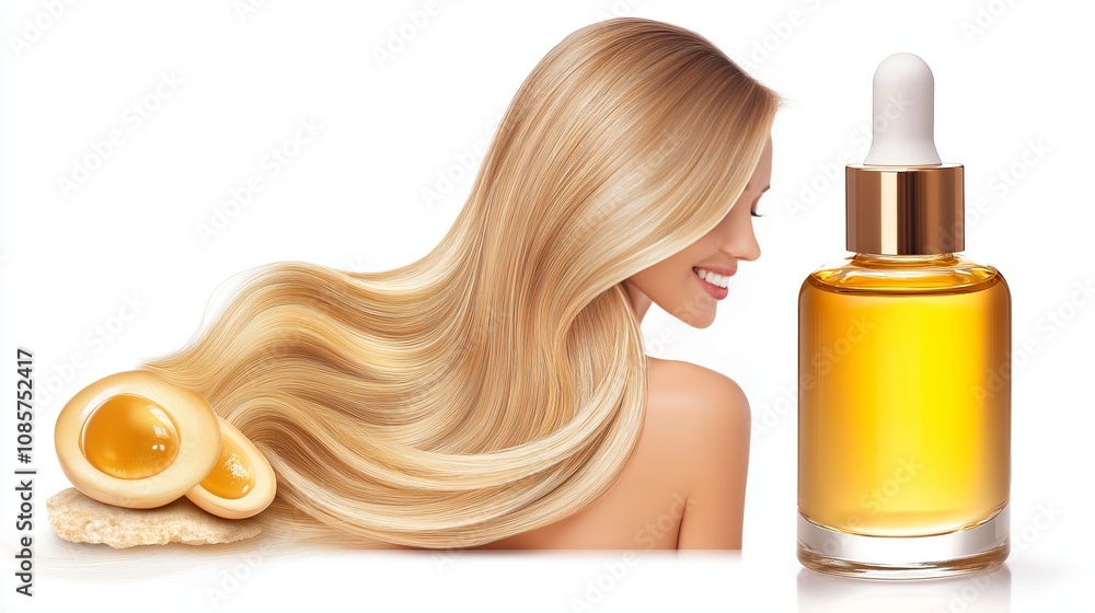Naklejka premium Blonde hair care: luxurious oil treatment with golden elixir for radiant shine