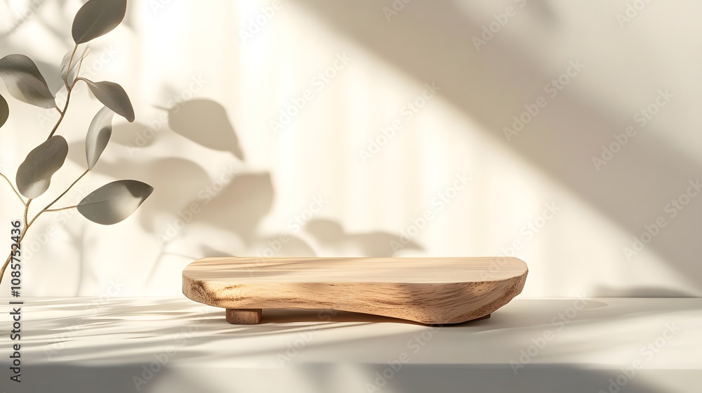 Natural wooden serving board on table with soft shadows in sunlight Natural wooden serving board on table with soft shadows in sunlight