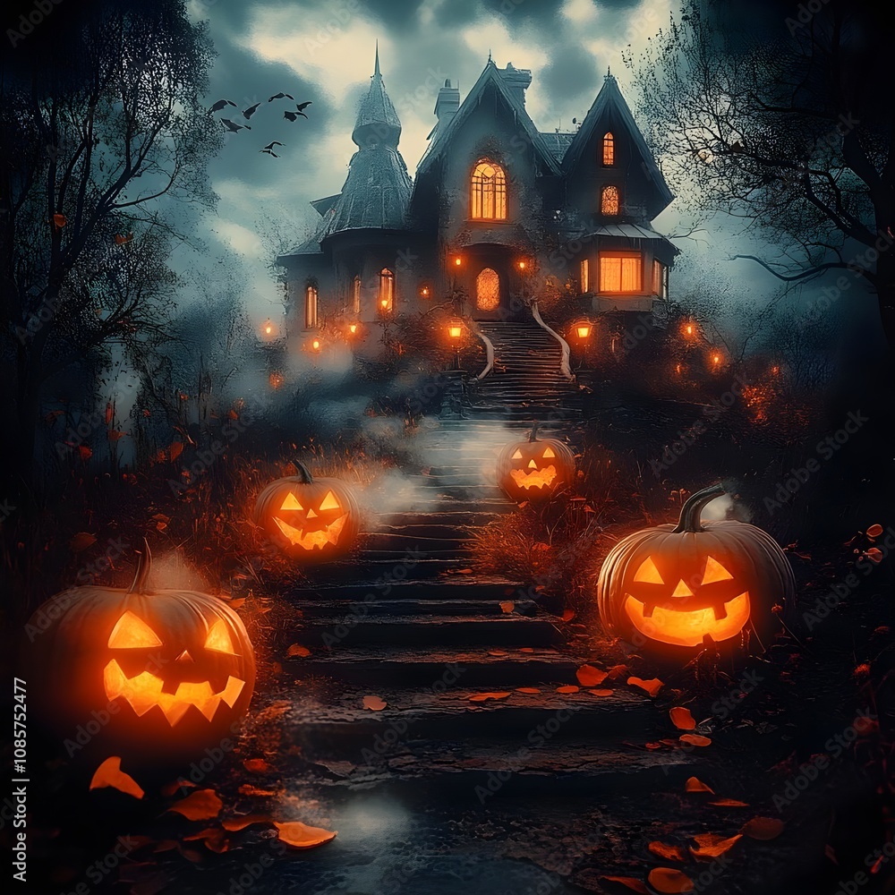 Spooky Halloween Night with Haunted House and Jack-o'-Lanterns Illuminating the Dark Pathway Surrounded by Ghoulish Atmosphere and Creepy Landscape Spooky Halloween Night with Haunted House and Jack-o'-Lanterns Illuminating the Dark Pathway Surrounded by Ghoulish Atmosphere and Creepy Landscape