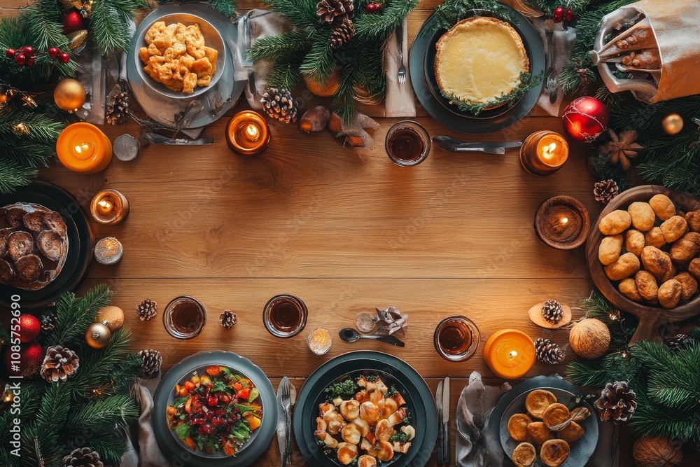 Festive food advertisement christmas decorated table with empty wooden board background Festive food advertisement christmas decorated table with empty wooden board background