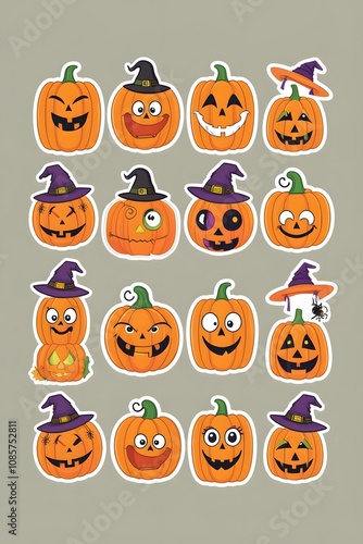 A Spooky Collection of  Halloween Pumpkin Stickers:  Cute and Funny Jack-o'-lanterns with Witch Hats and Bats for Festive Decorations photo